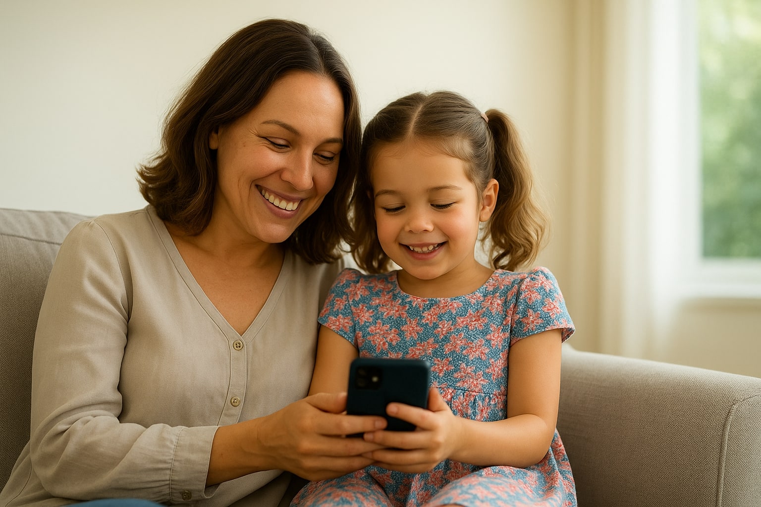Mãe e filha fazendo um devocional juntas e sorrindo, olhando o celular
